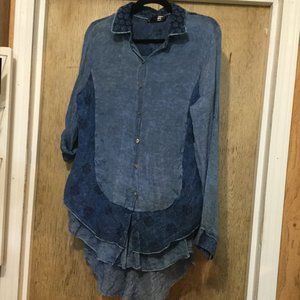 Minkas multi media button front long blouse blue with layers and embroidery